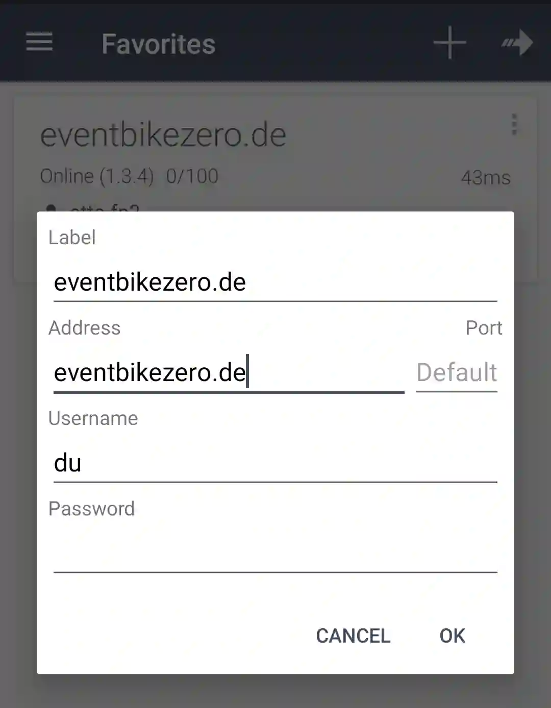 Screenshot vom Verbindungsdialog. Als Servername ist eventbikezero.de eingetragen.